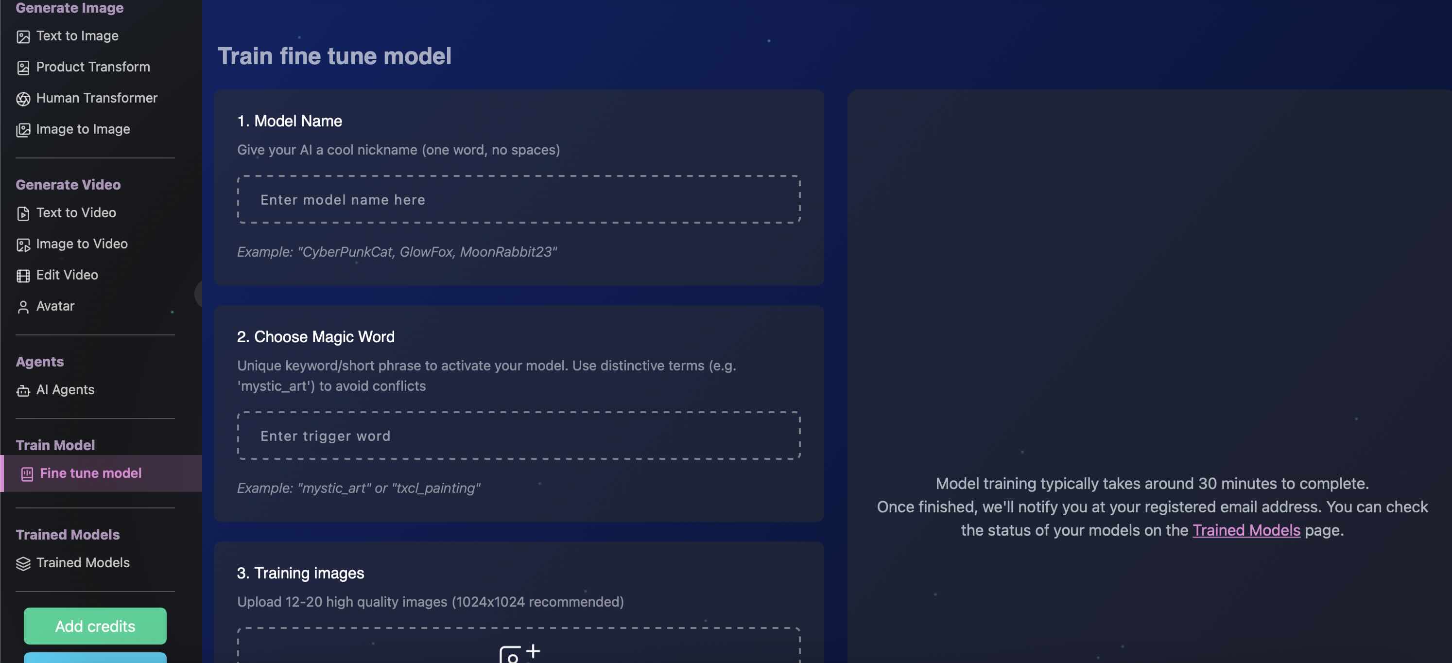 Truepix AI train model interface for LoRA fine-tuning